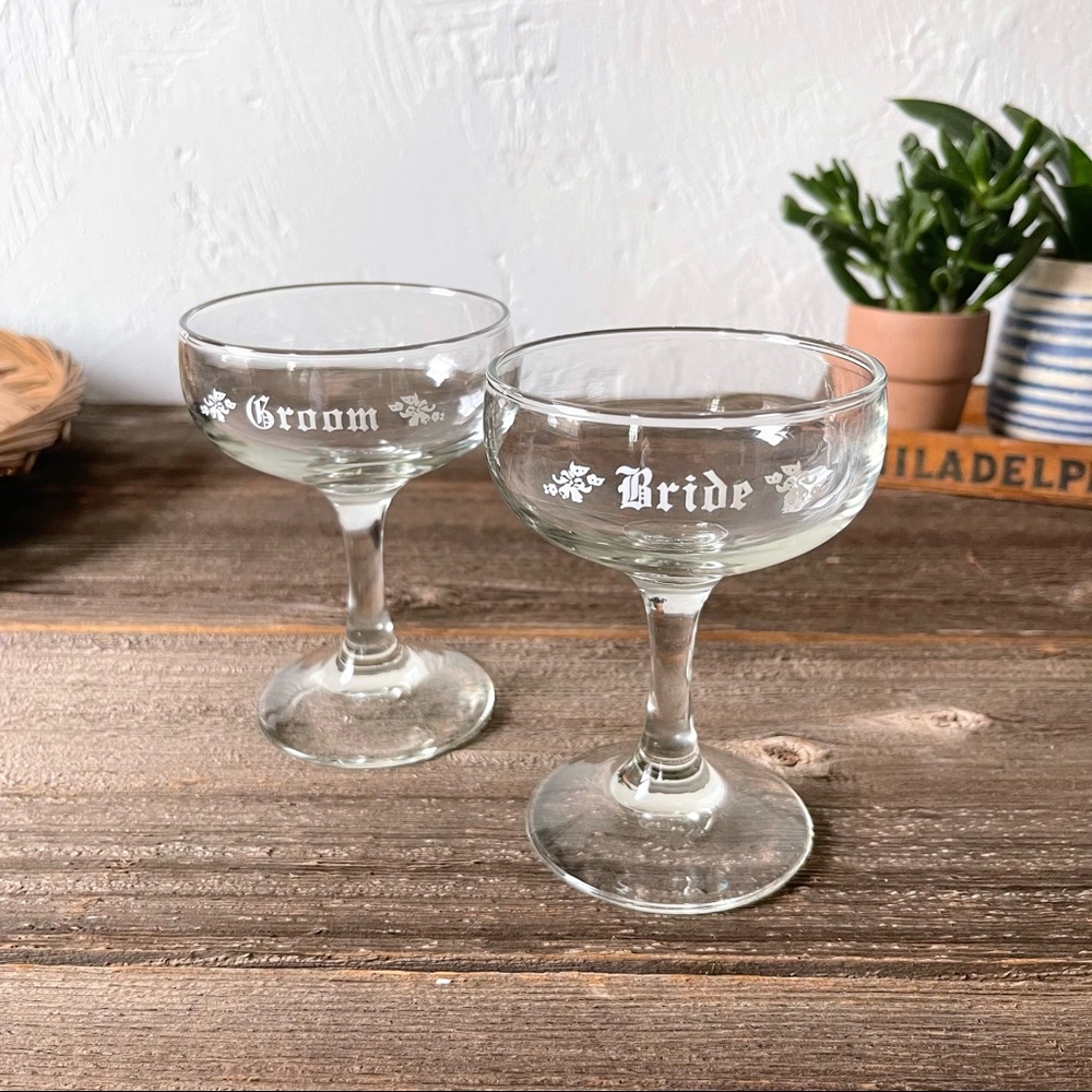 Bride Groom wedding coupe cocktail glasses